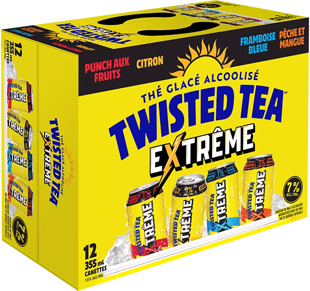 Emballage assorti de 12 canettes Twisted Tea Extreme avec les saveurs Punch aux fruits, Citron, Framboise bleue et Pêche Mangue.