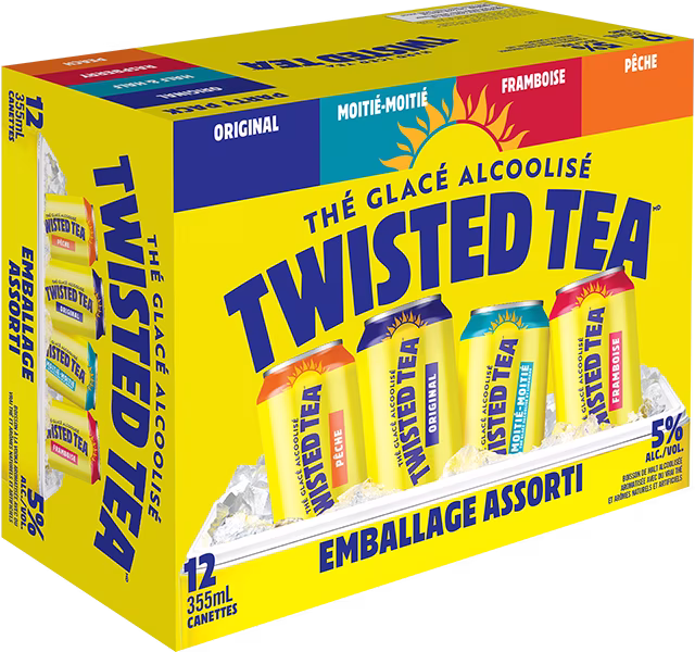 Emballage assorti de 12 canettes Twisted Tea avec les saveurs Original, Moitié-Moitié, Framboise et Pêche.