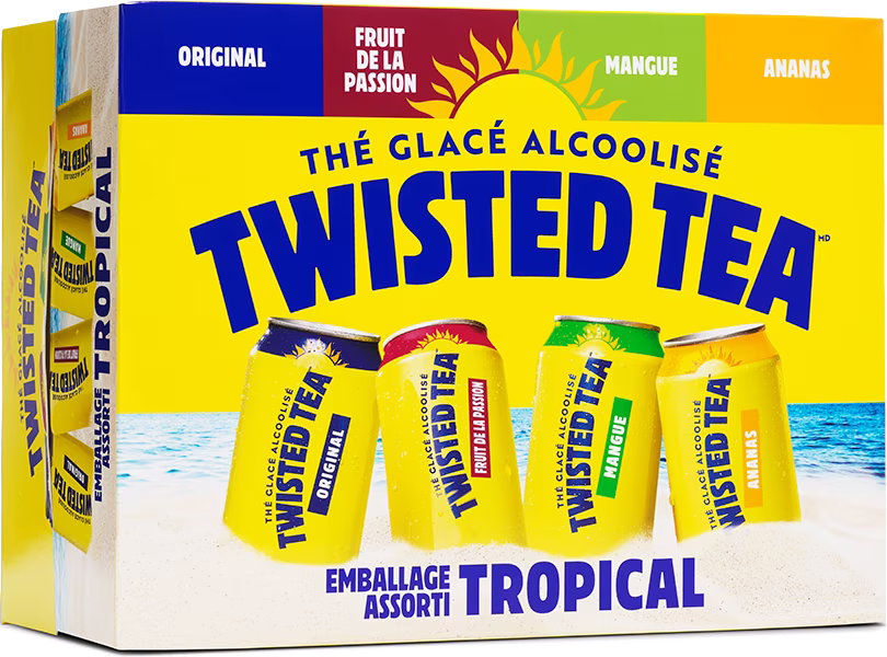 Emballage assorti de 12 canettes Twisted Tea avec les saveurs Original, Moitié-Moitié, Framboise et Pêche.