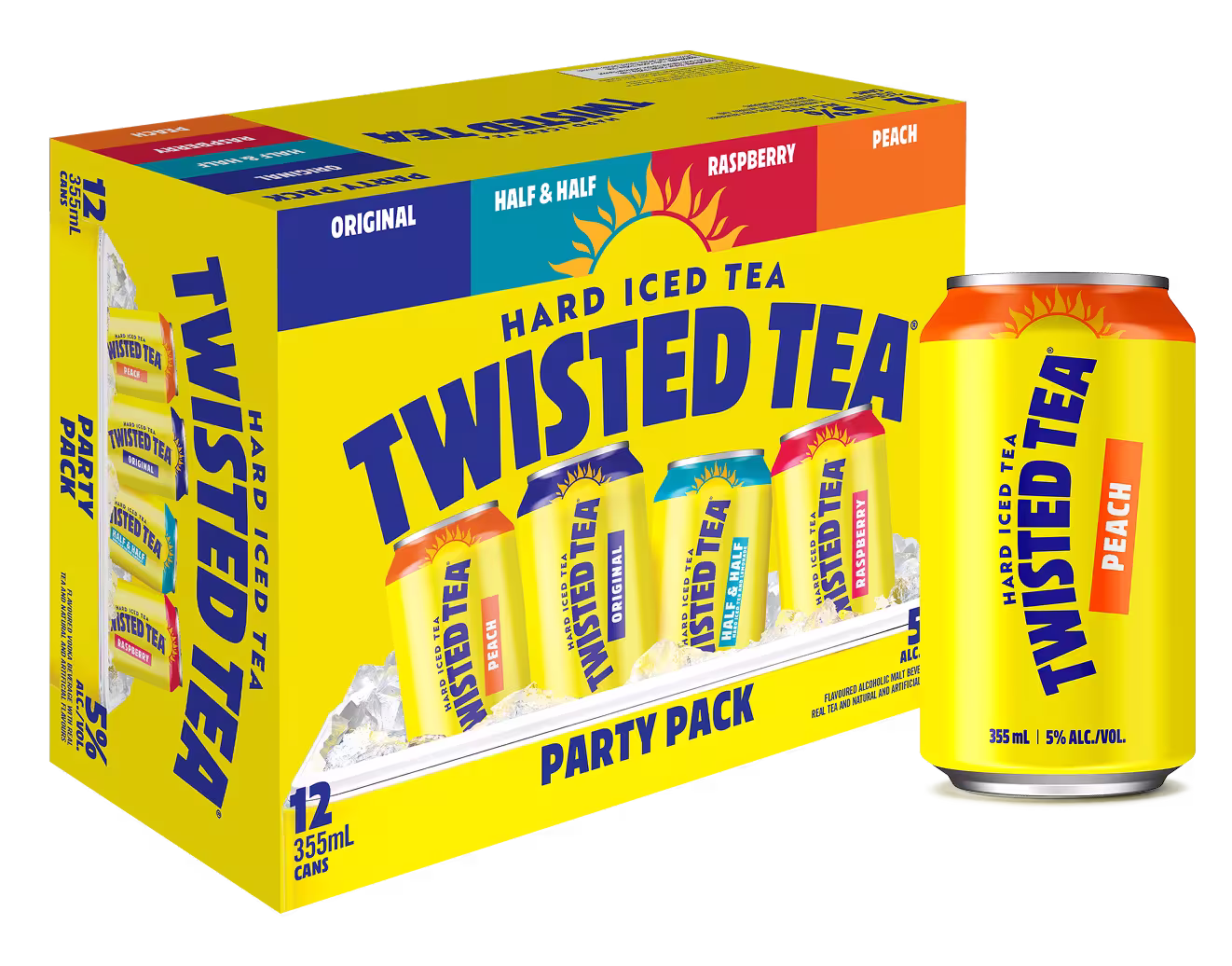 Ensemble Party Twisted Tea avec les saveurs Original, Moitié-Moitié, Framboise et Pêche.