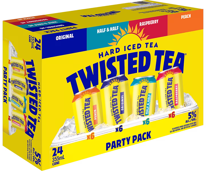 Twisted Tea Party Pack with Original, Half & Half, Raspberry, and Peach flavours.